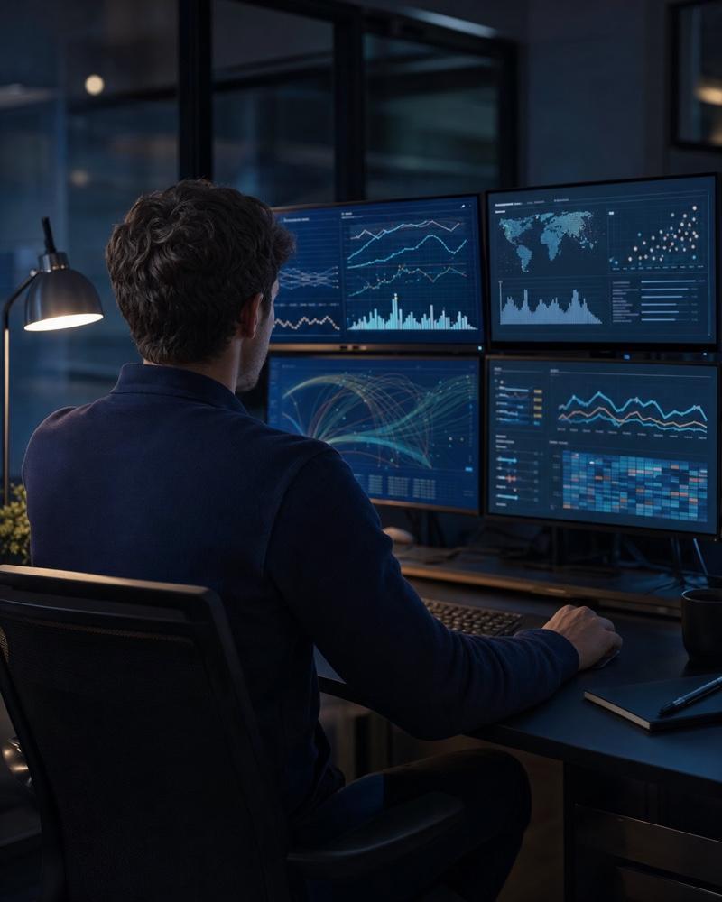 A travel data analyst reviewing fare signals.