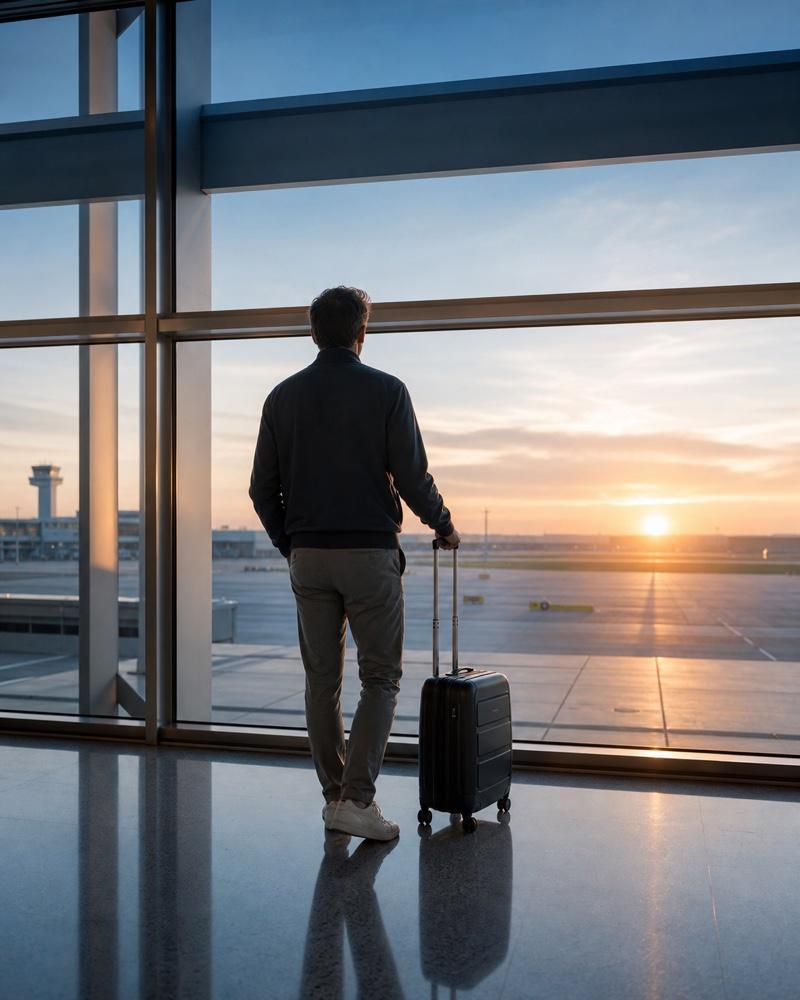 A traveler looking through an airport window at sunrise.